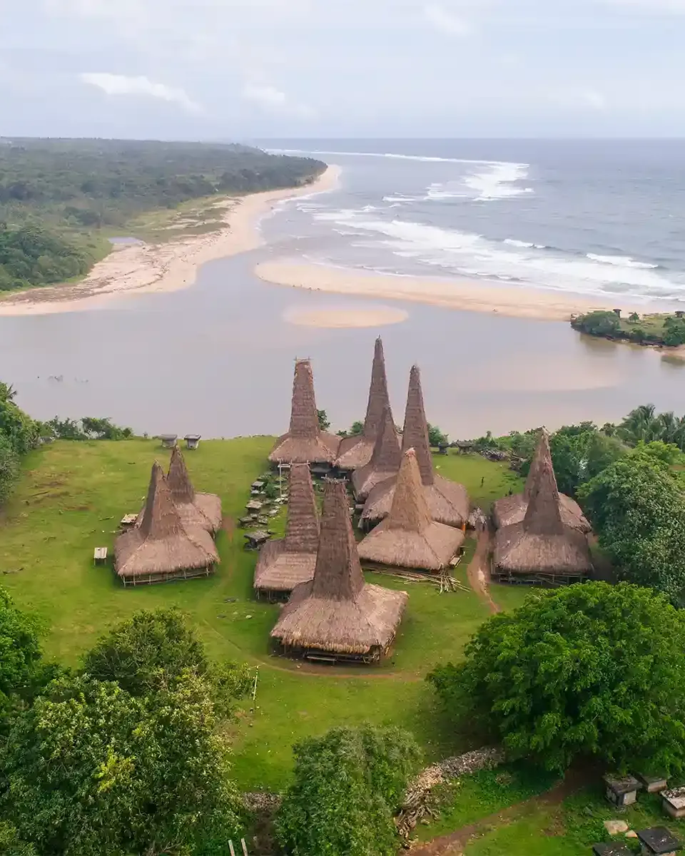 Aerial view of Ratenggaro Traditional Village by the river mouth and beach