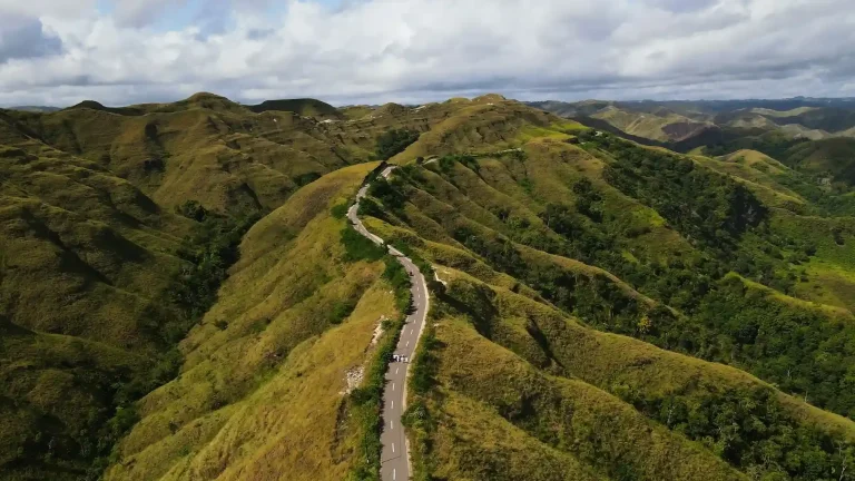 Aerial view of the ridge road across Tanarara Hill in East Sumba