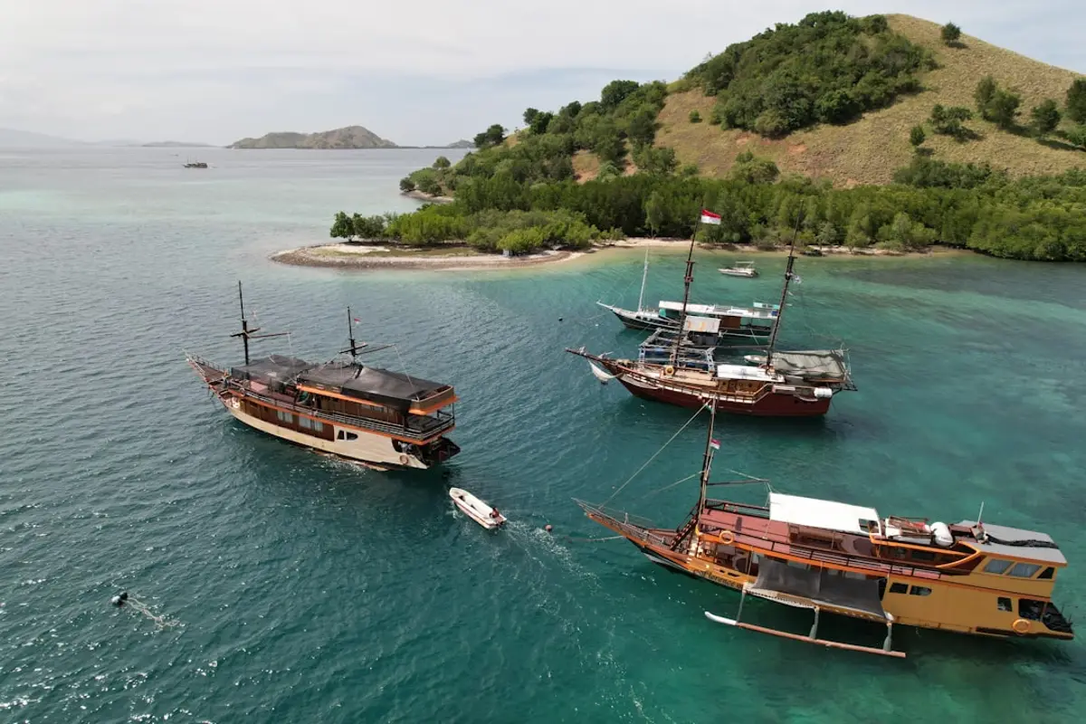 A group of boats floating on top of a body of water