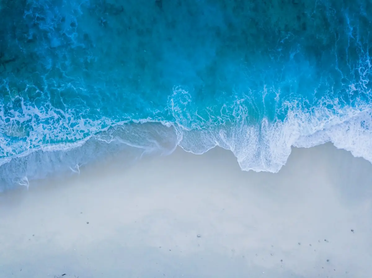 Aerial view of an empty reef break peeling over turquoise water
